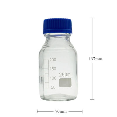 OEM ODM 250 ml αντιδραστήρα ΜΜΕ γυαλί εργαστηριακά μπουκάλια με μπλε καπάκι βίδα