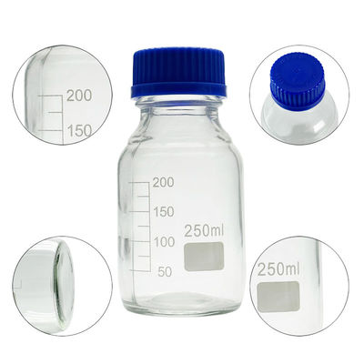 OEM ODM 250 ml αντιδραστήρα ΜΜΕ γυαλί εργαστηριακά μπουκάλια με μπλε καπάκι βίδα